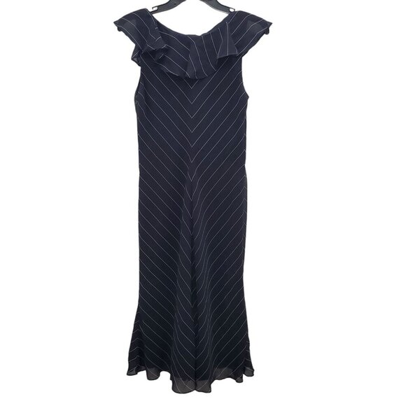 American Living Women's Navy White Pinstripe Ruffle Front Flutter Midi Dress 12 - Picture 5 of 5
